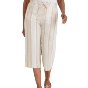 Chico's 100% Linen White & Tan Striped Elastic Drawstring Waist Cropped Pant